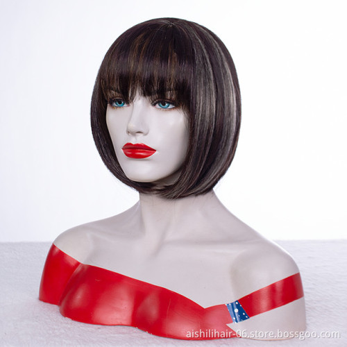 Wholesale stort brown mix blonde bob wig with natural bangs synthetic hair wigs for women
